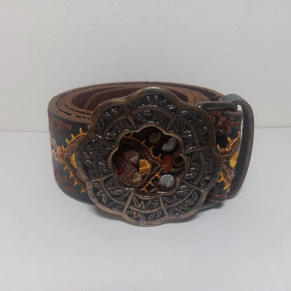 Women's Size M Lucky Brand 38" Brown Embroidered 100% Leather Belt Made in India